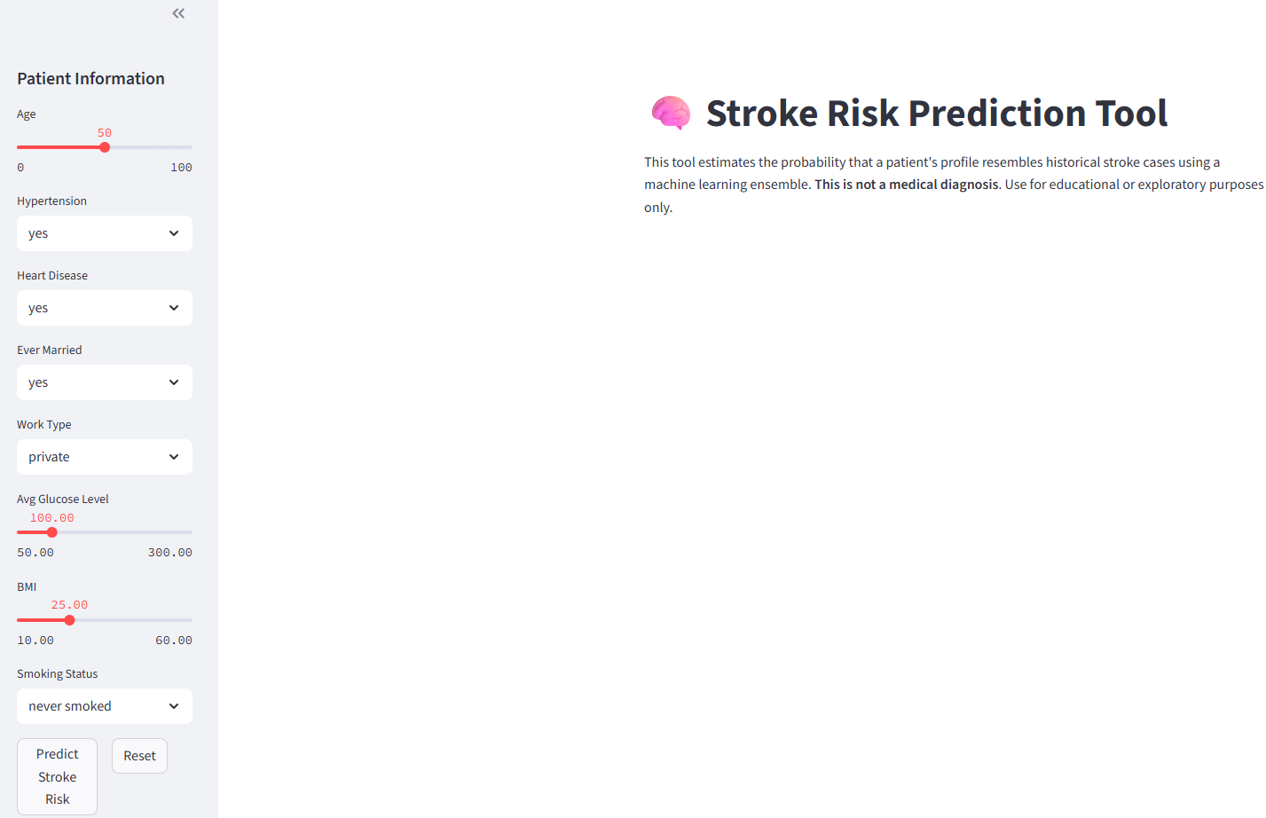 Screenshot of the AI stroke risk tool interface